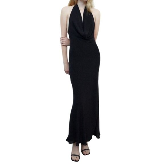 Zara flowy drape maxi dress black 90s Y2K cocktail sz XL - Picture 1 of 7